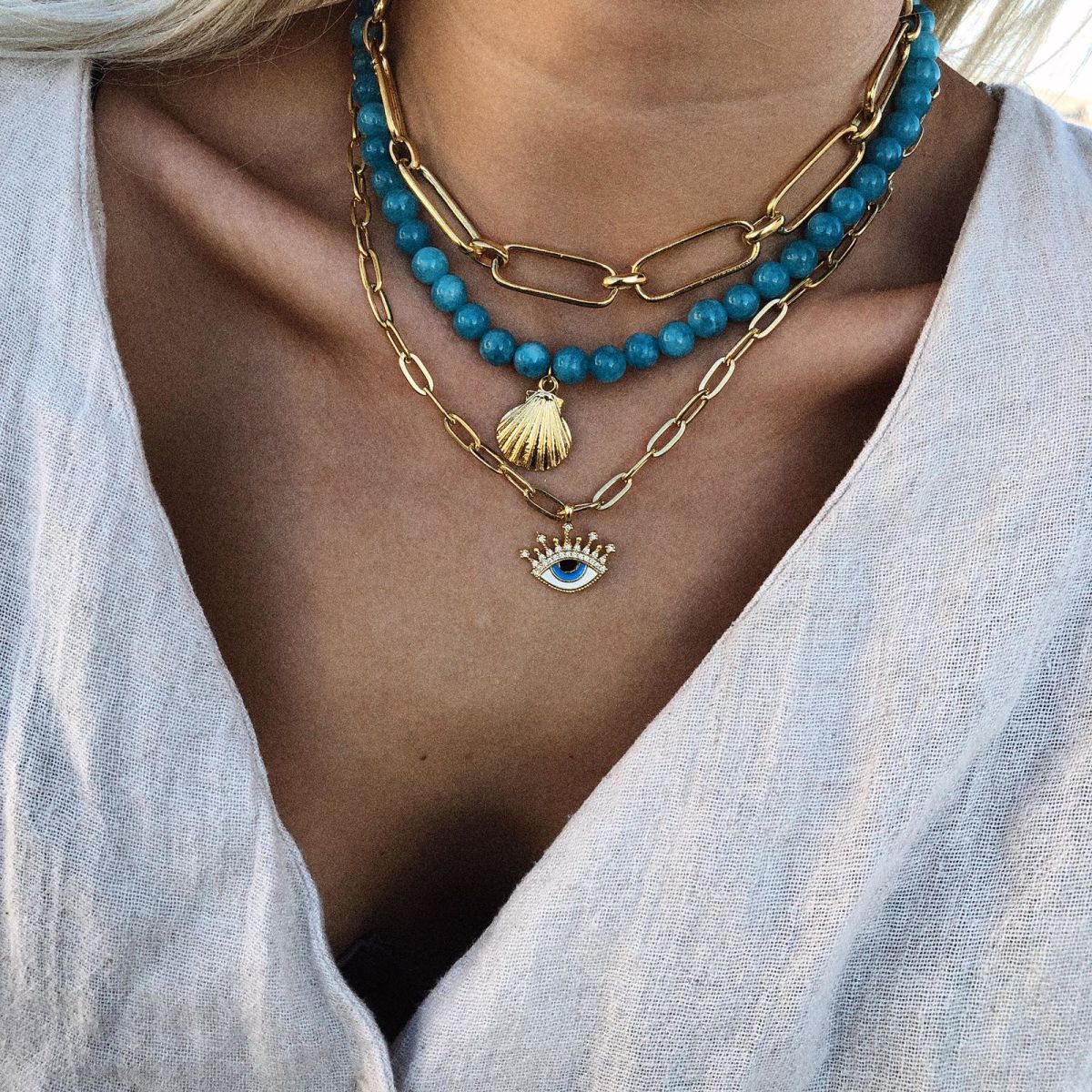 Kalın Zincirli Mavi Göz Kolye İndirim, Zirkon Taşlı Kolyeler