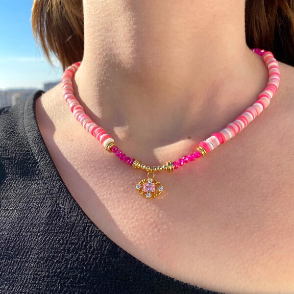 Pembe Fimo Boncuklu Baget Kolye - Fi Season