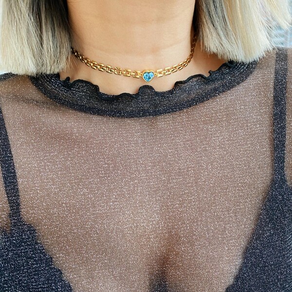 Renkli Taşlı Kalpli Vintage Zincirli Choker - Fi Season