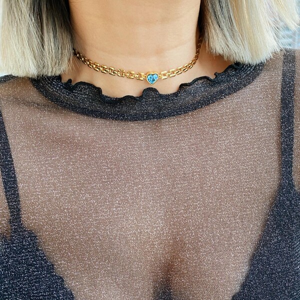 Renkli Taşlı Kalpli Vintage Zincirli Choker - 4