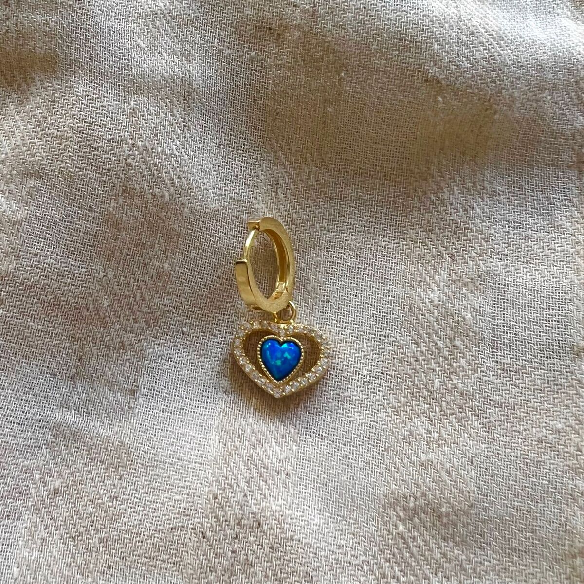 Tekli Mavi Opal Taşlı Kalpli Halka Küpe | 925 Gümüş - 1
