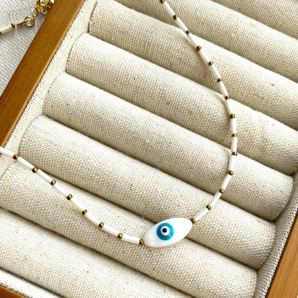 Uzun Beyaz Boncuklu Göz Choker | 925 Gümüş - Fi Season