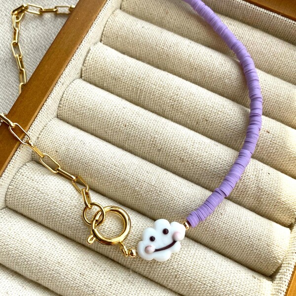 Yarısı Zincirli Lila Fimo Boncuklu Bulut Choker - Fi Season