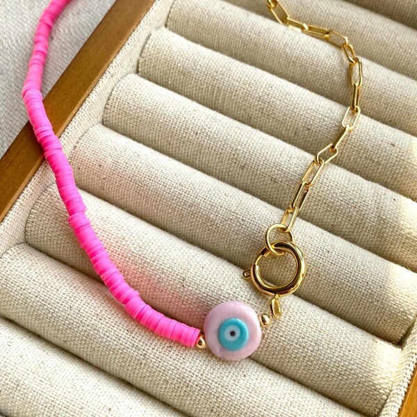 Yarısı Zincirli Pembe Fimo Boncuklu Nazar Choker - Fi Season